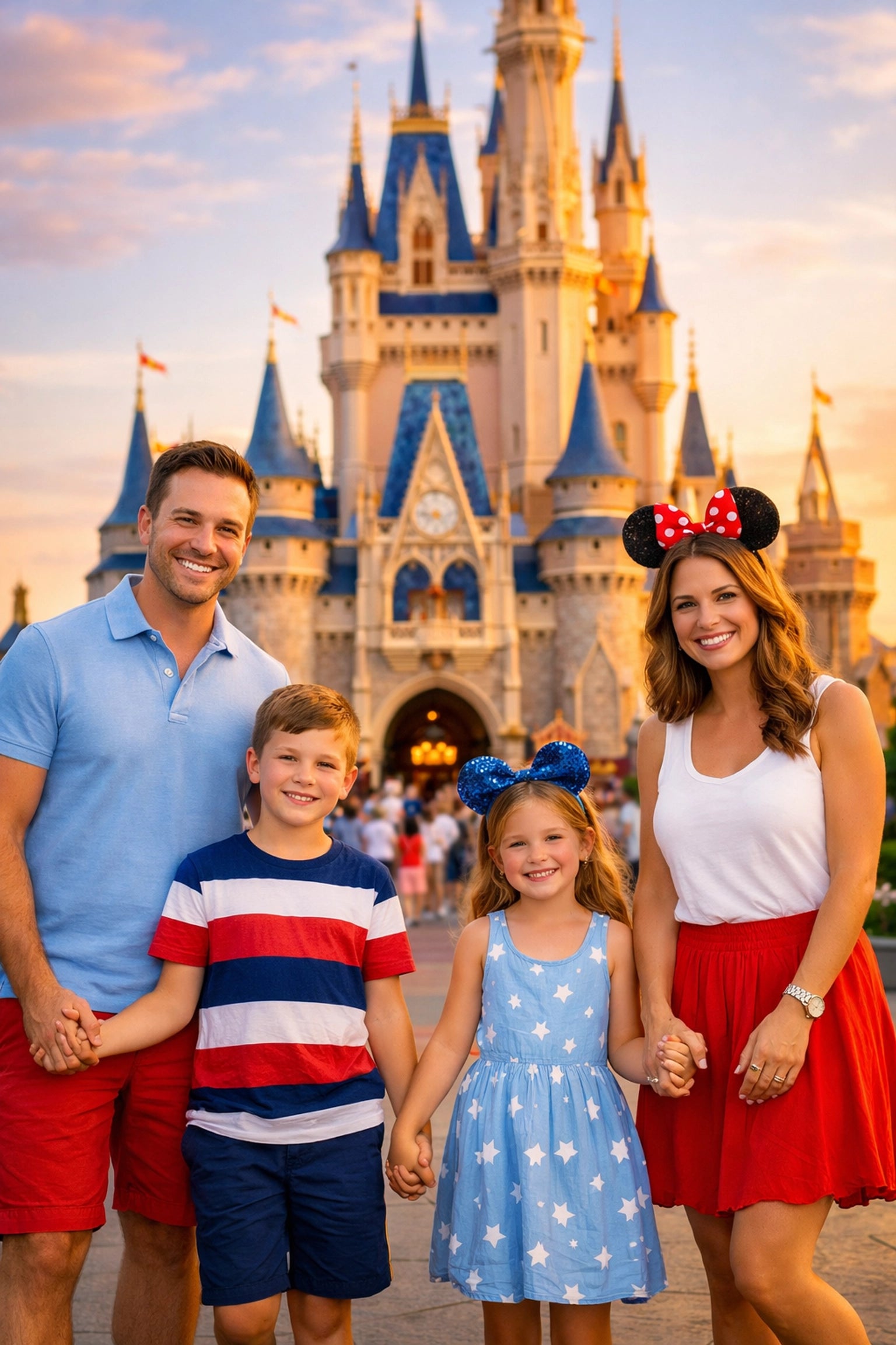 Family of four in coordinated blue and red outfits at Disney's Cinderella Castle