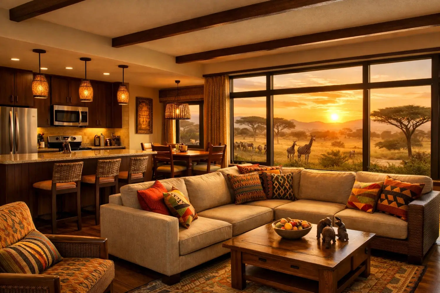 Spacious villa interior at Kidani Village with full kitchen and savanna-view windows