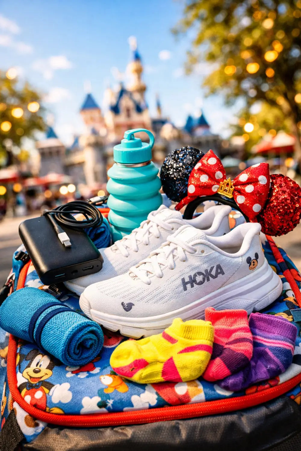 Disney park essentials including HOKA shoes, portable charger, Mickey ears, and water bottle