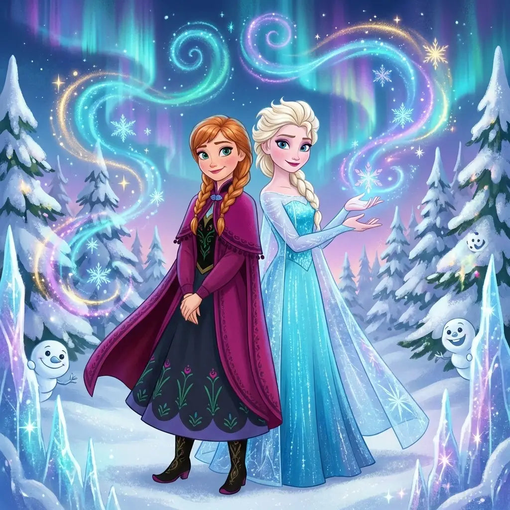 Anna and Elsa-inspired adult costumes in a magical winter scene, showcasing modern Disney princess costume ideas.