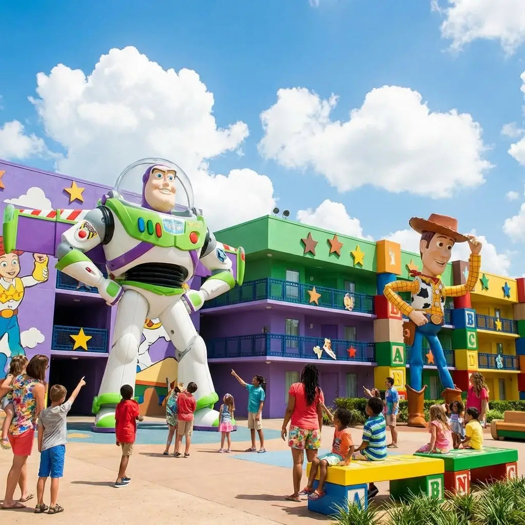 Buzz Lightyear and Woody statues at Disney's All-Star Movies Resort Toy Story courtyard