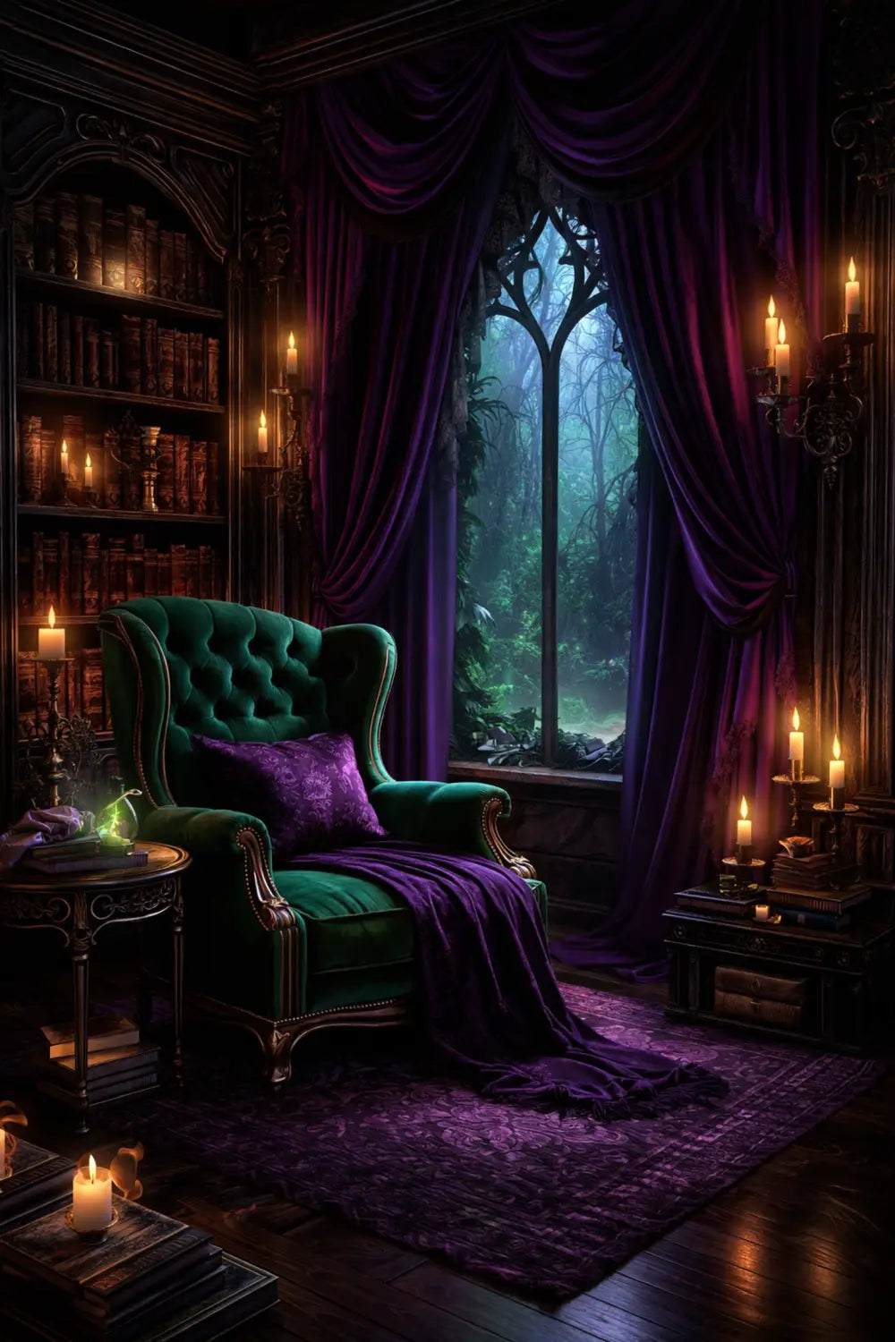 Moody Disney villain-inspired reading nook with emerald velvet chair, gothic window, candles, and purple drapes
