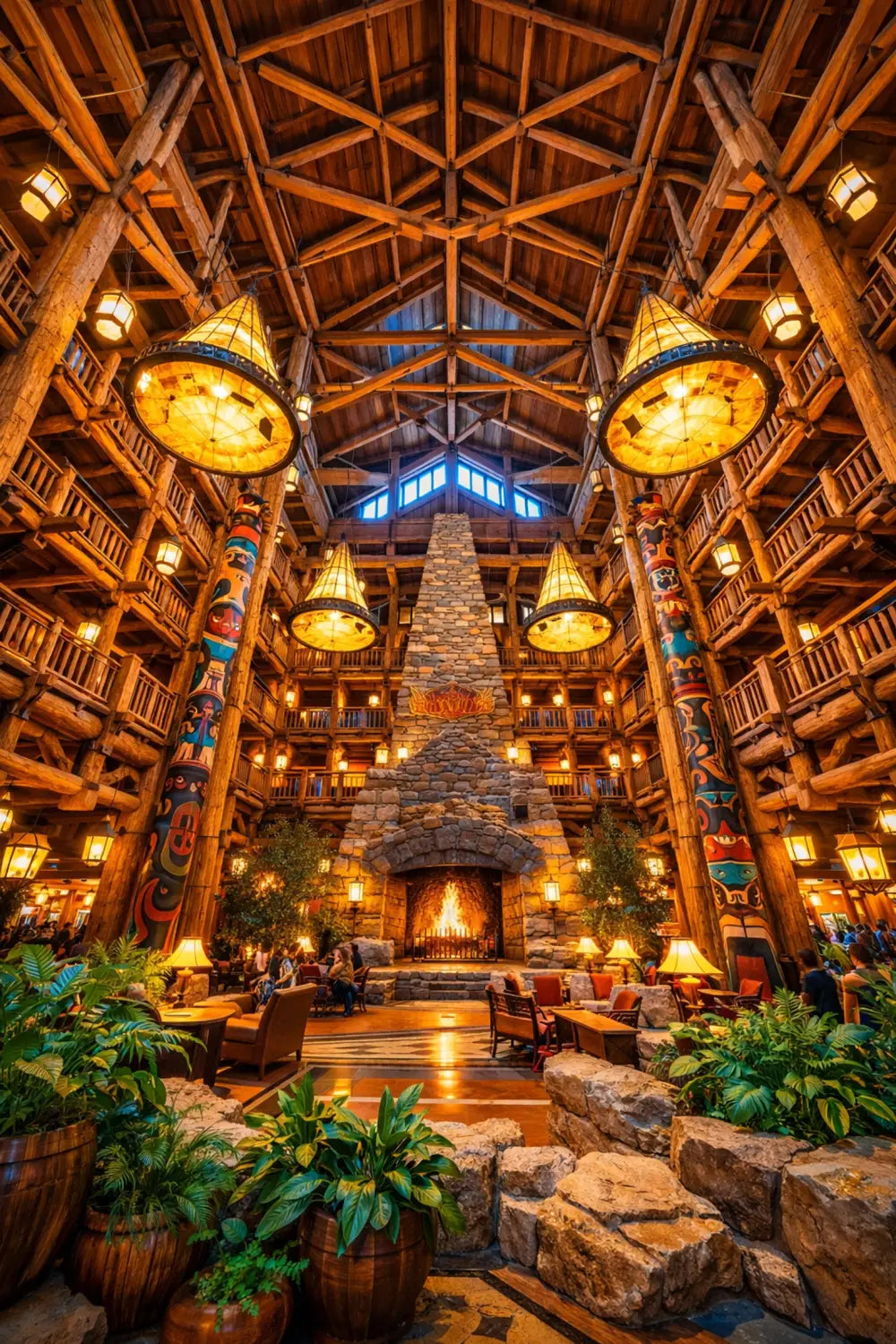 Disney's Wilderness Lodge eight-story lobby with timber columns and Native American totem poles