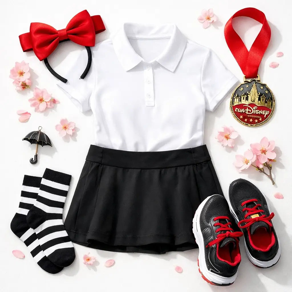 Mary Poppins-inspired runDisney costume flat-lay with running gear, red bow headband, and medal