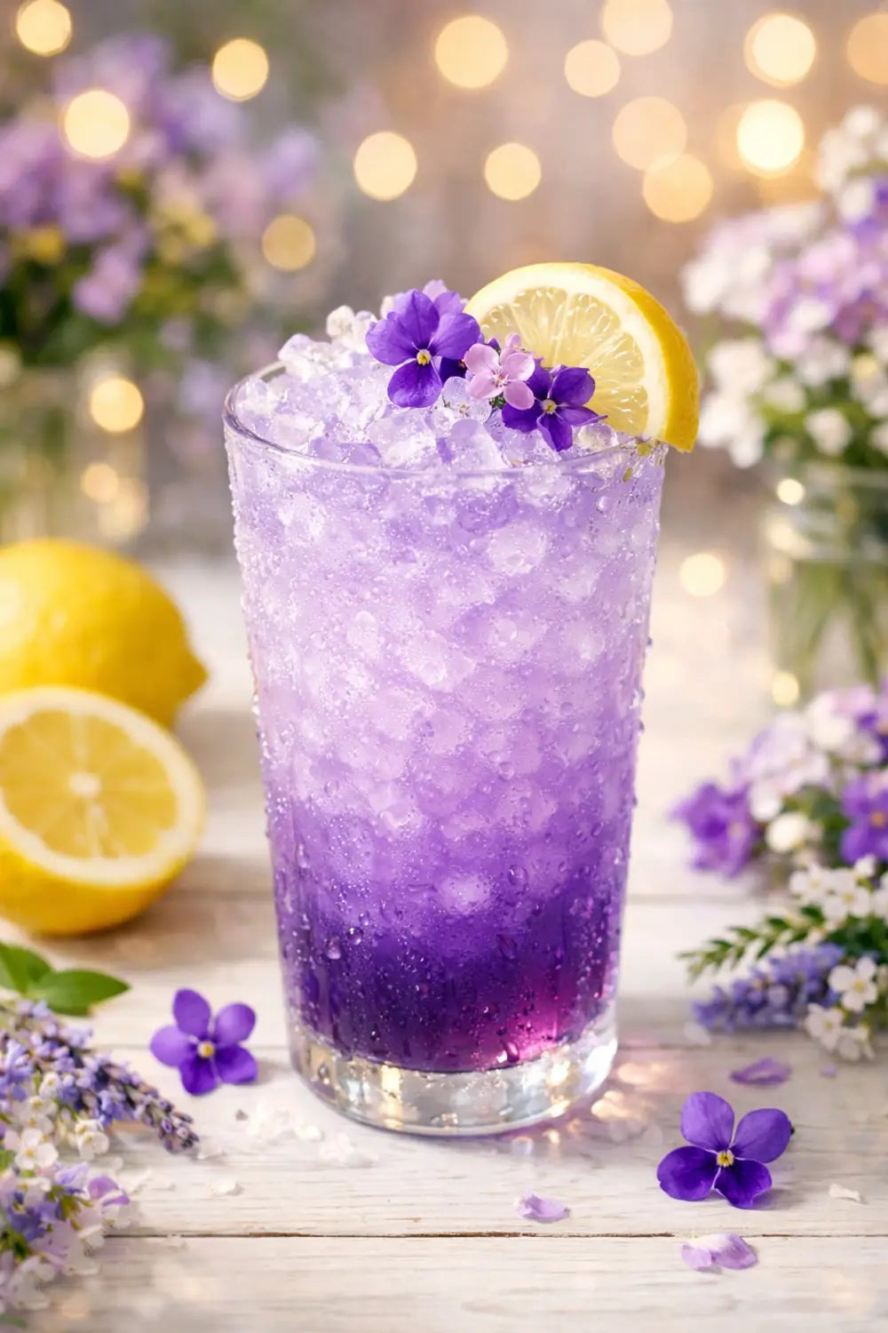 Frozen violet lemonade drink from Disney Epcot garnished with lemon and edible flowers