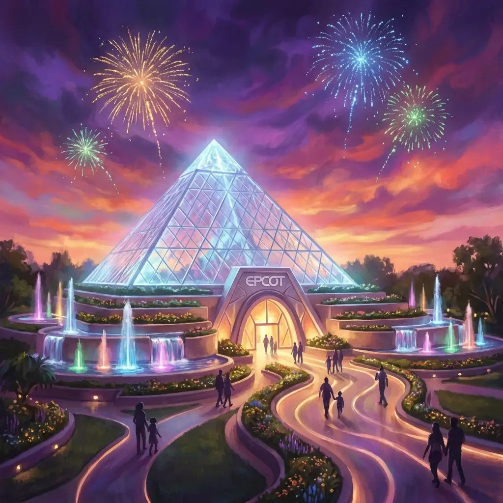 Futuristic EPCOT pavilion at dusk with glowing glass pyramid and fireworks, representing Disney’s 2026 updates.