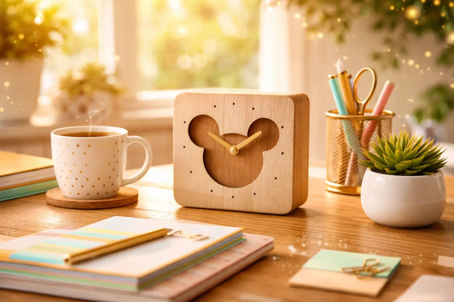 Home office desk with Mickey Mouse ash wood clock, coffee mug, and Disney-themed decor in warm morning light