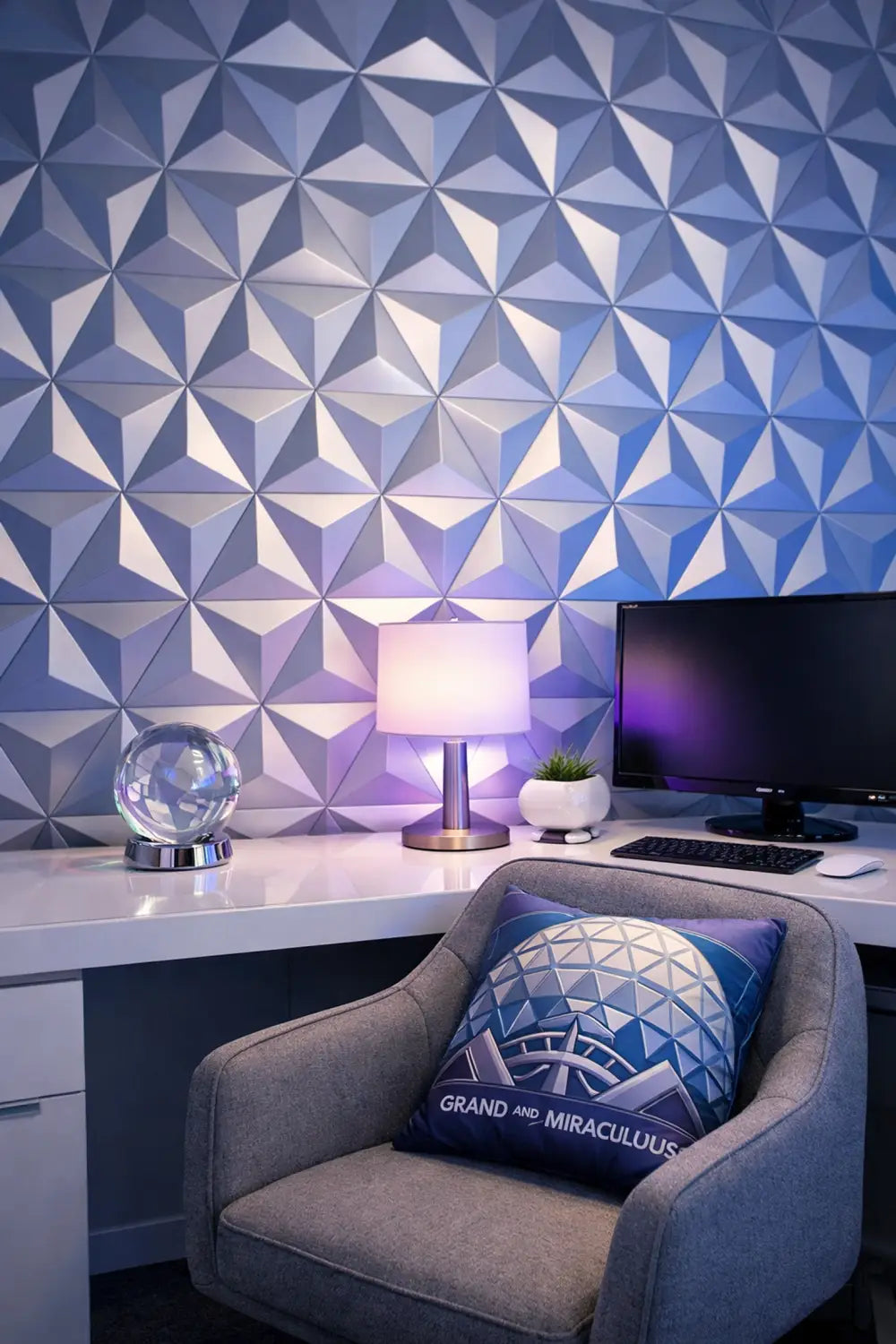 Modern home office with Epcot Spaceship Earth theme, geometric wall, and futuristic blue lighting.