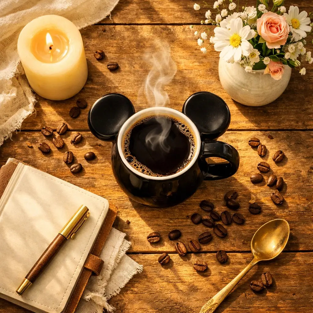 Mickey Mouse coffee mug with candles and morning coffee setup for a magical daily routine