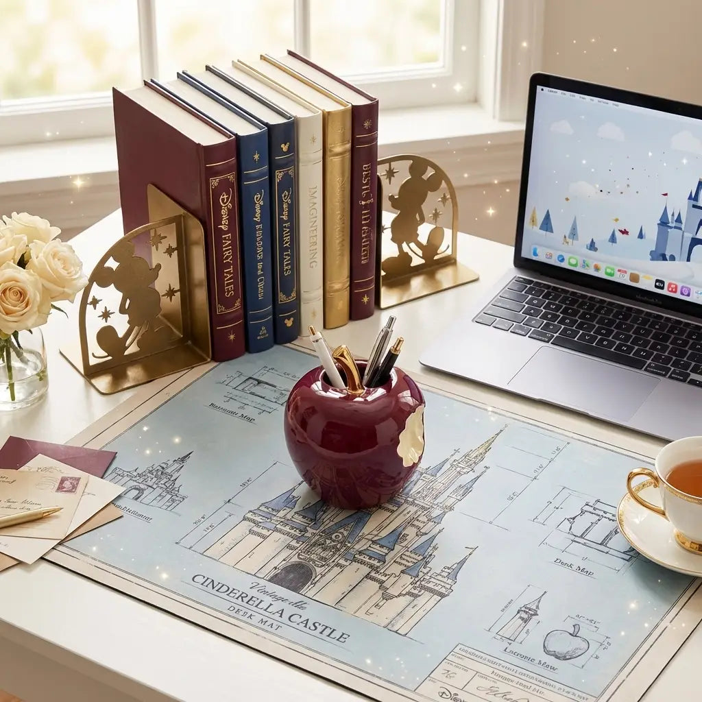 Elegant Disney home office desk with Snow White pen holder, Cinderella Castle mat, and Mickey bookends