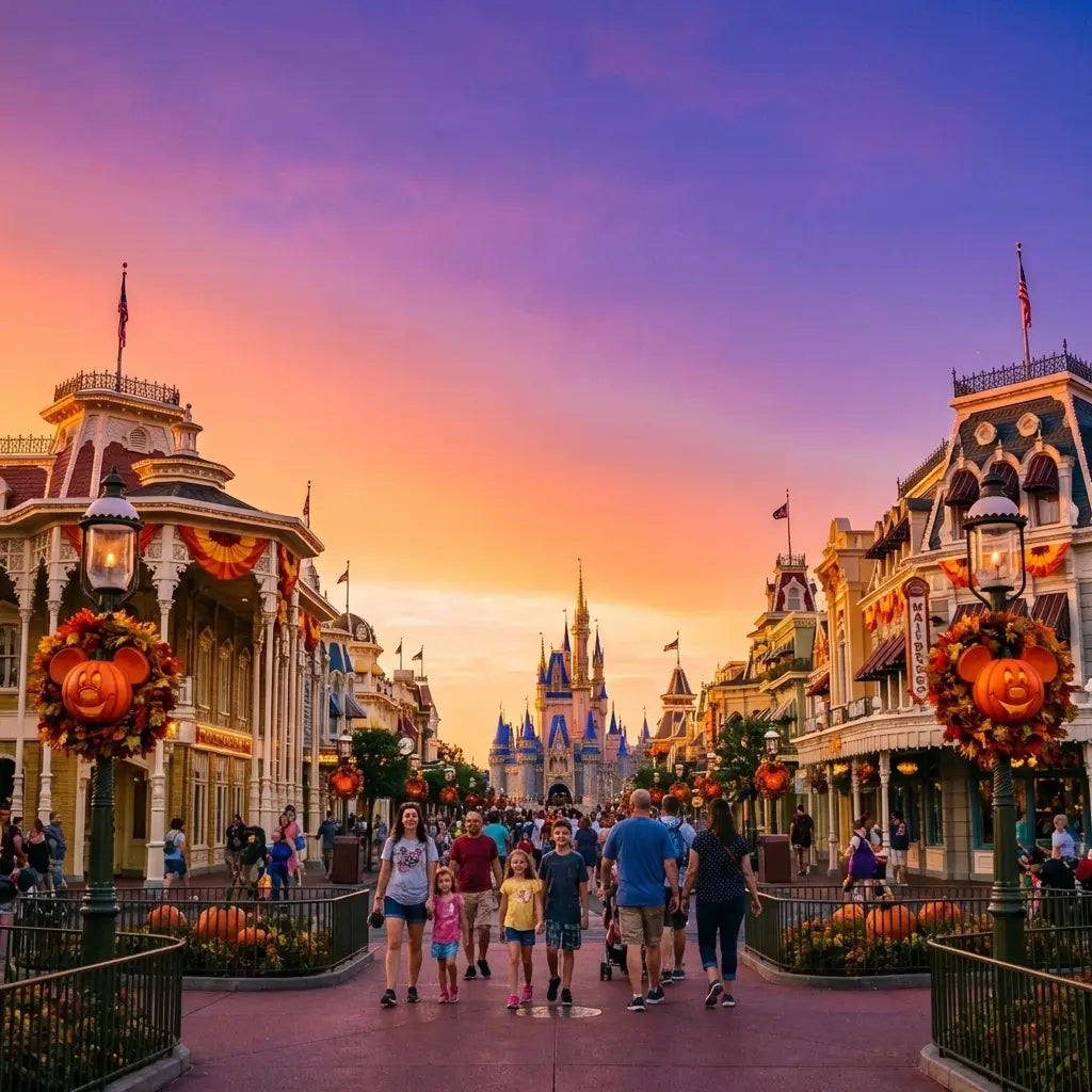 Main Street U.S.A. at Magic Kingdom decorated with Mickey pumpkin wreaths for the Halloween party.