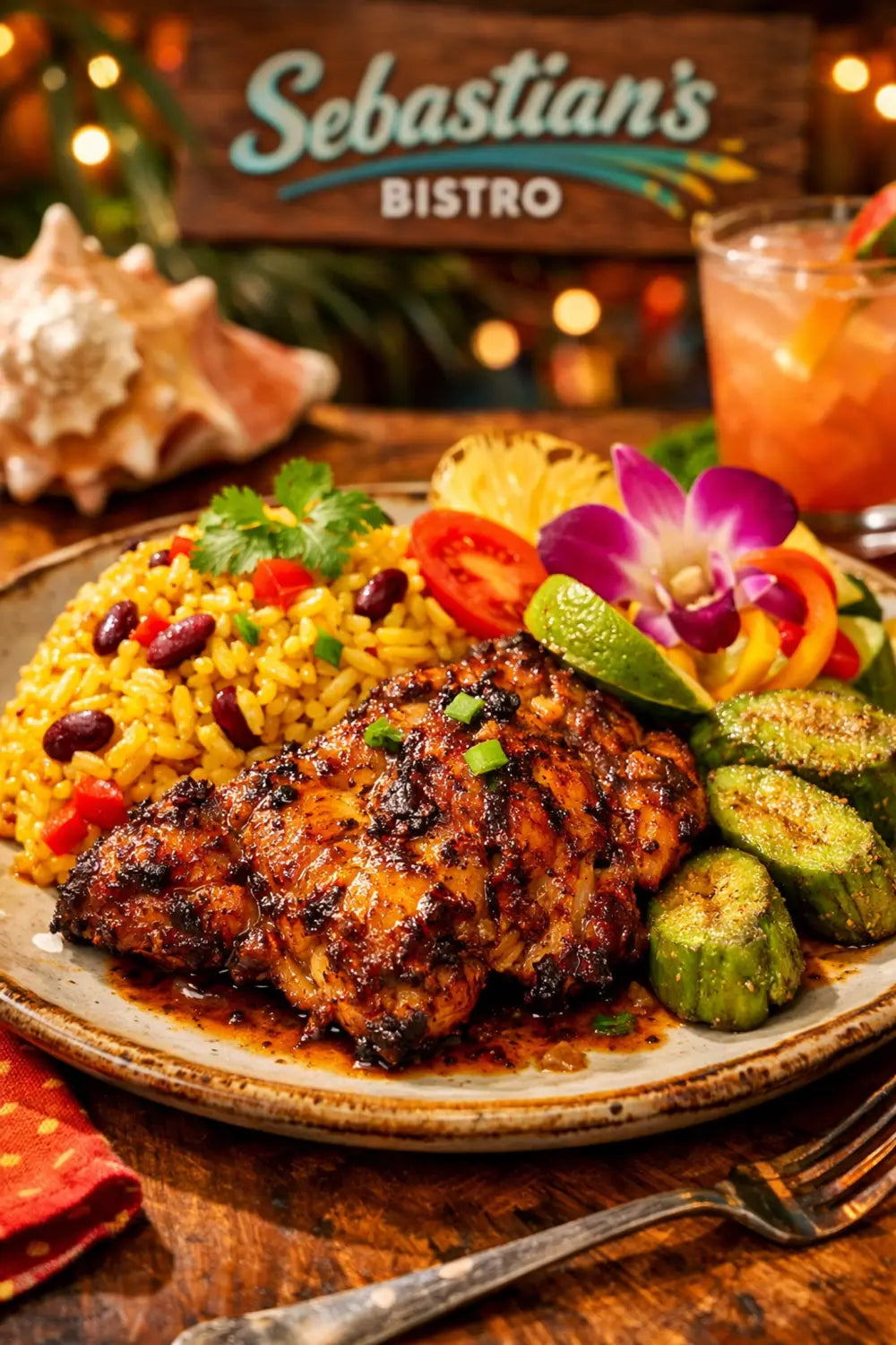 Caribbean-inspired jerk chicken dish with rice and beans from Sebastian's Bistro at Disney World