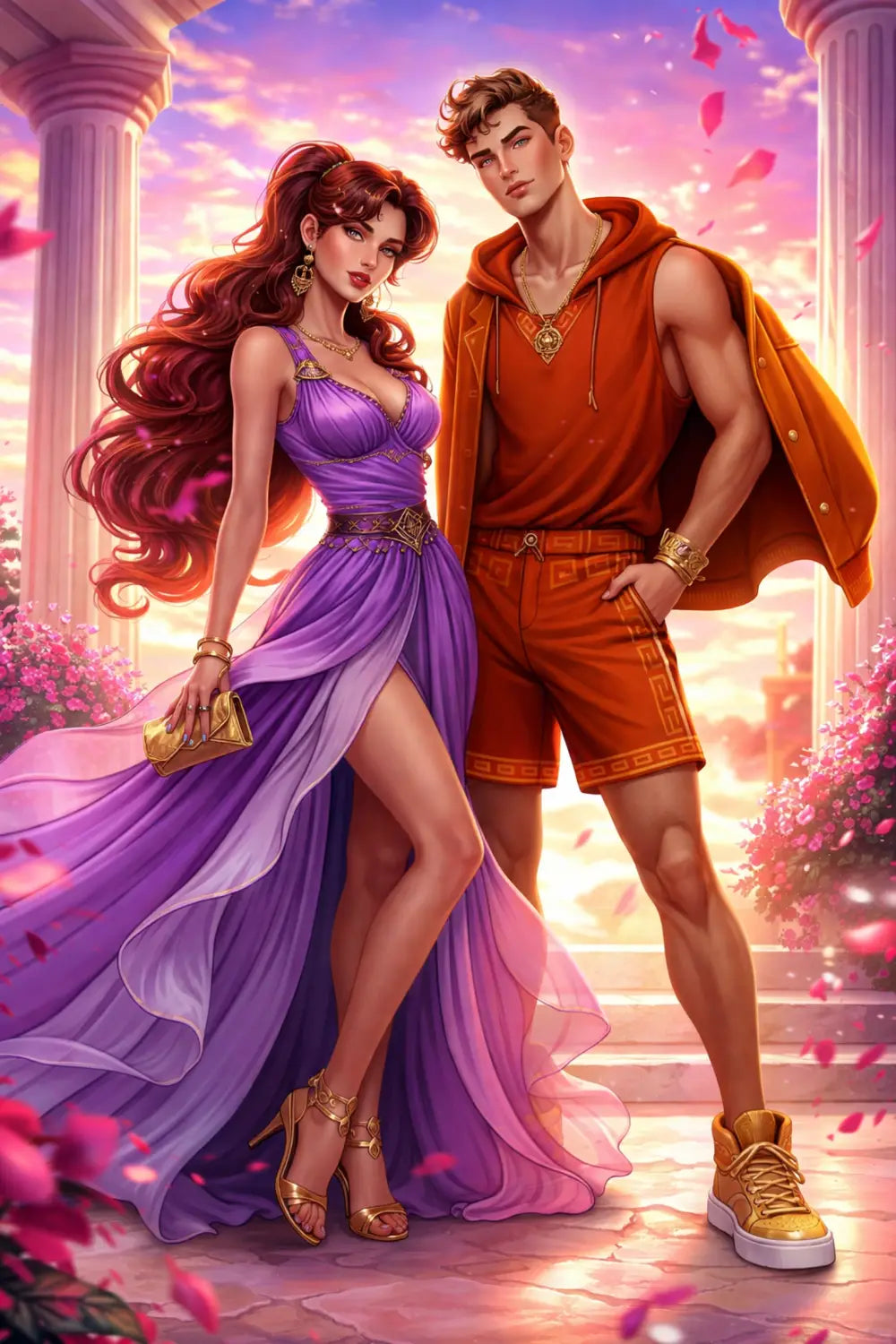 Stylish couple in coordinating Hercules and Megara inspired Disney fashion for Valentine's Day 2026
