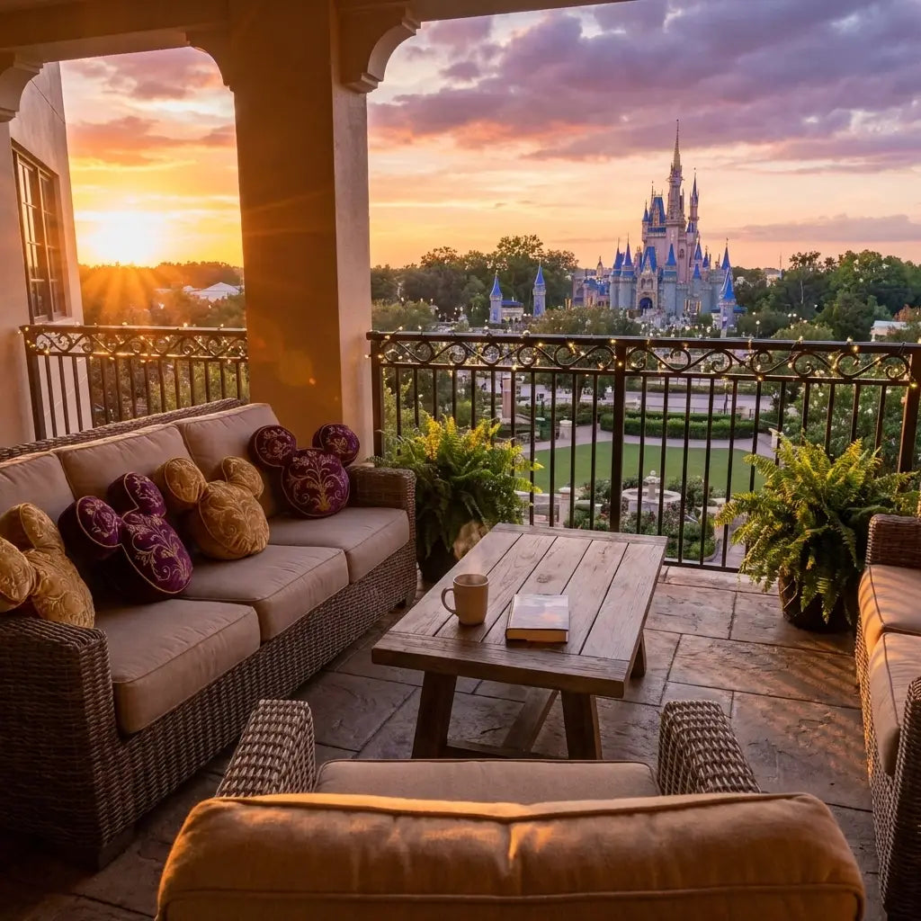 Disney Vacation Club villa balcony at sunset with castle view and plush Disney-themed decor, highlighting DVC membership luxury.