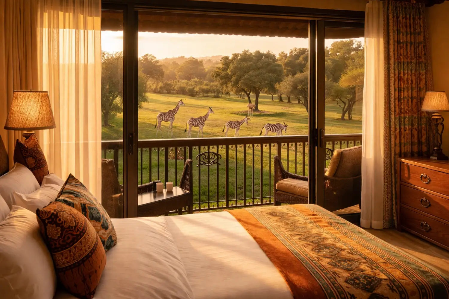 View from refurbished Animal Kingdom Villas room, looking out to giraffes and zebras grazing on the lush savanna at sunset.
