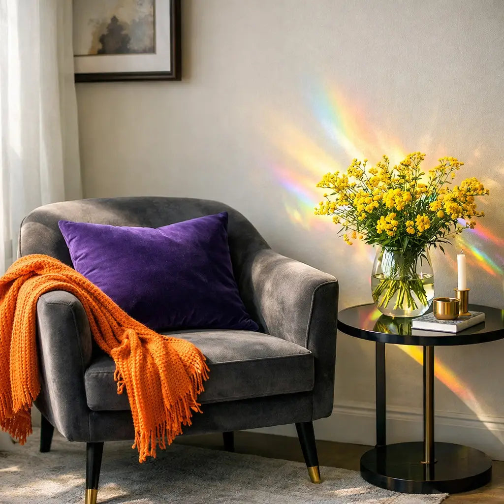 Modern living room nook featuring royal purple and orange accents for a Figment-inspired look.