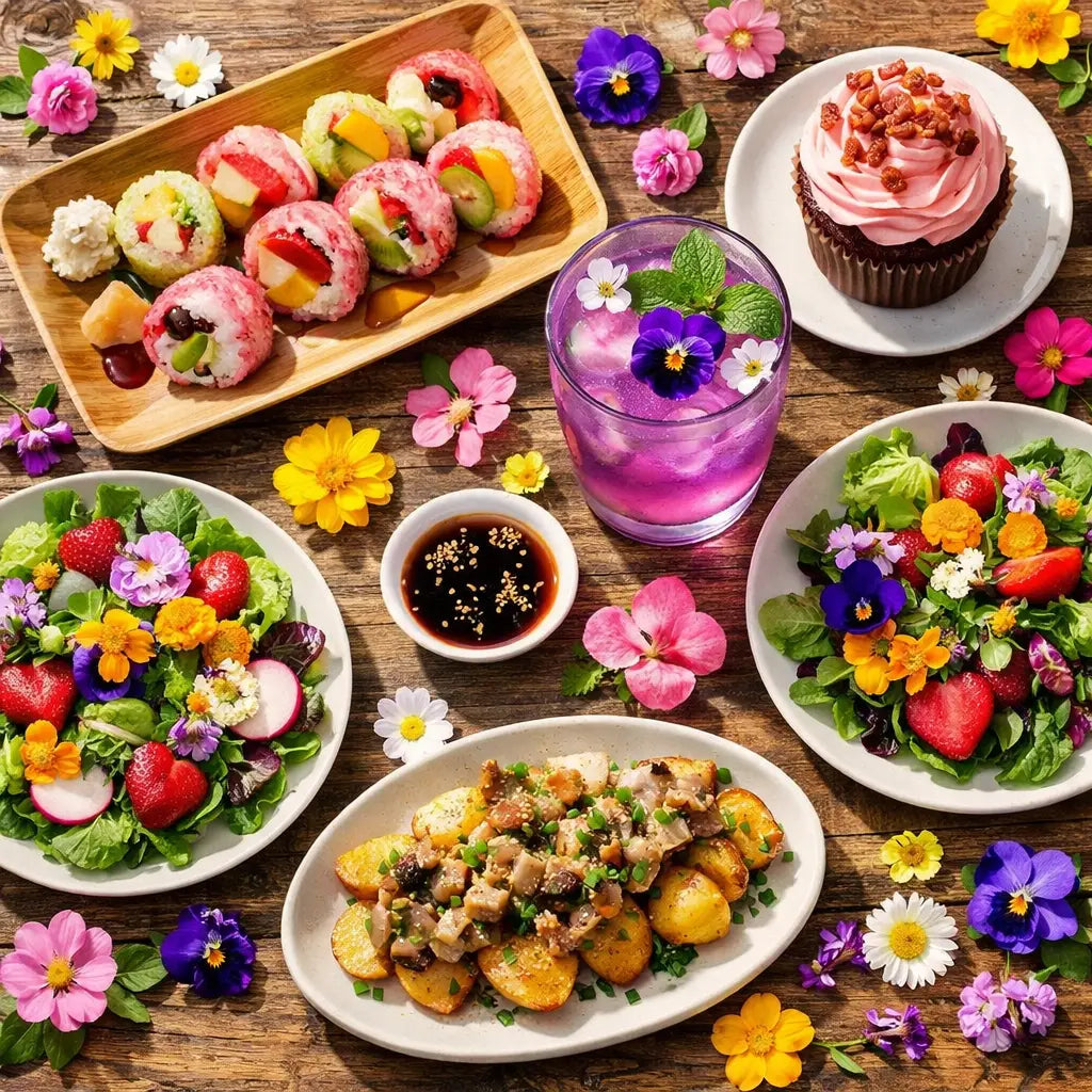 EPCOT Outdoor Kitchens spring dishes including frushi and violet lemonade