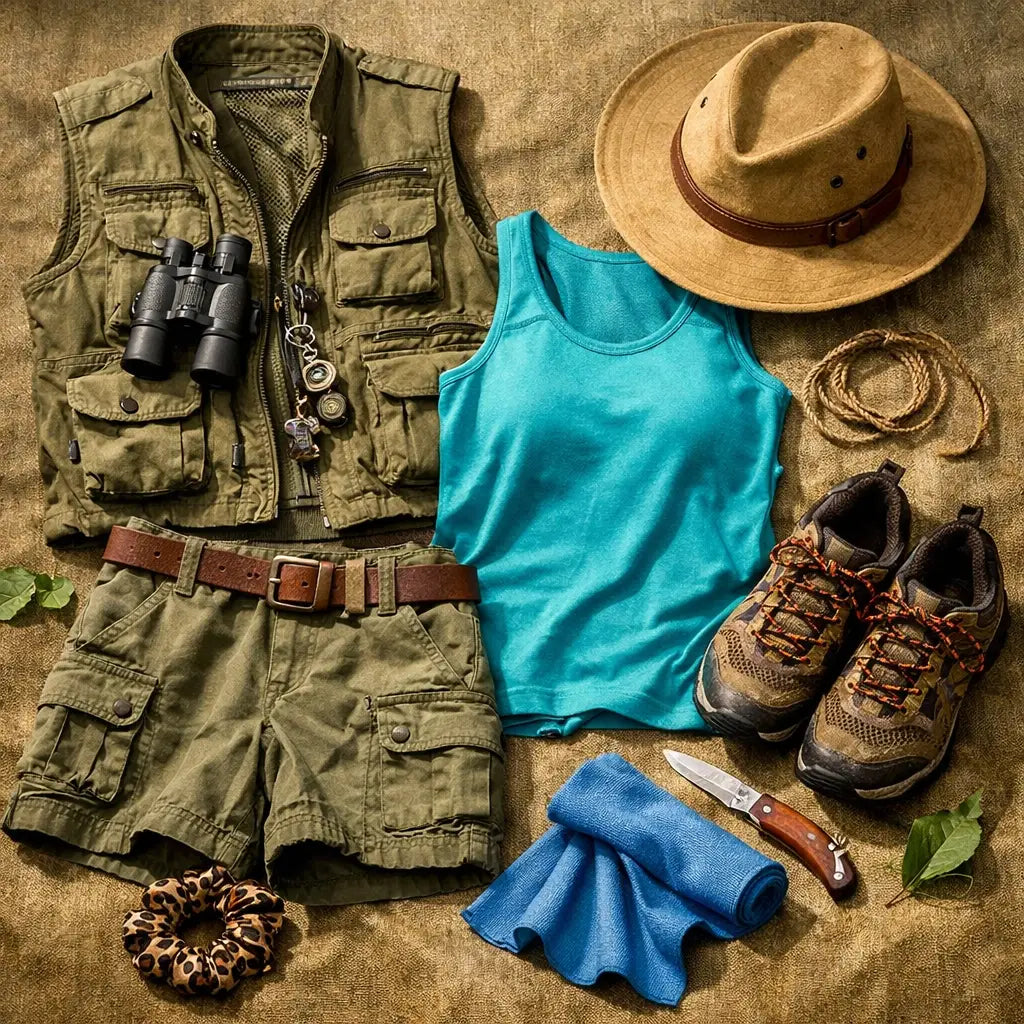 Animal Kingdom adventure outfit with cargo shorts, hiking shoes, safari hat, and earth tone accessories