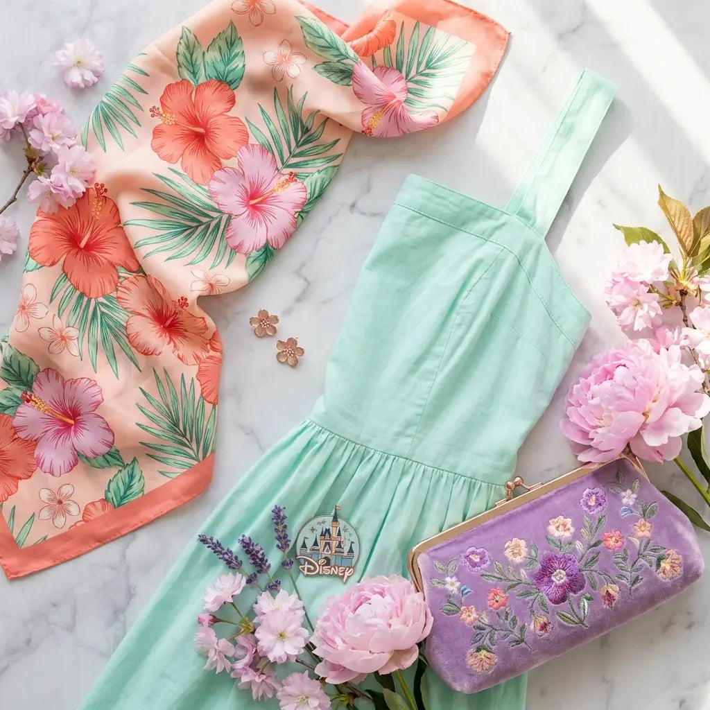 Flat lay of spring Disney Bounding accessories and floral clothing in vibrant pastel colors