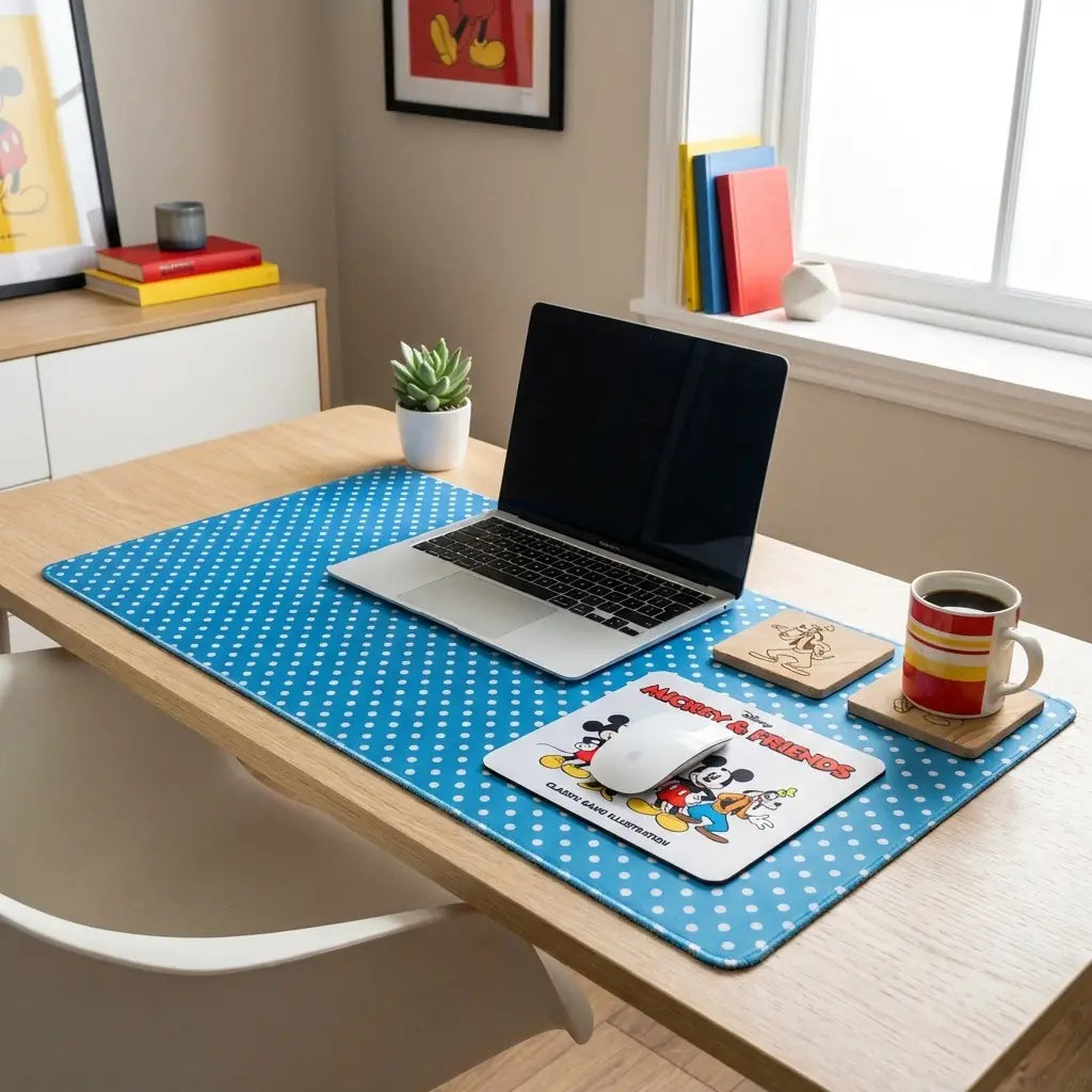 Modern home office with Disney polka dot desk mat, Mickey & Friends mouse pad, and Goofy coasters