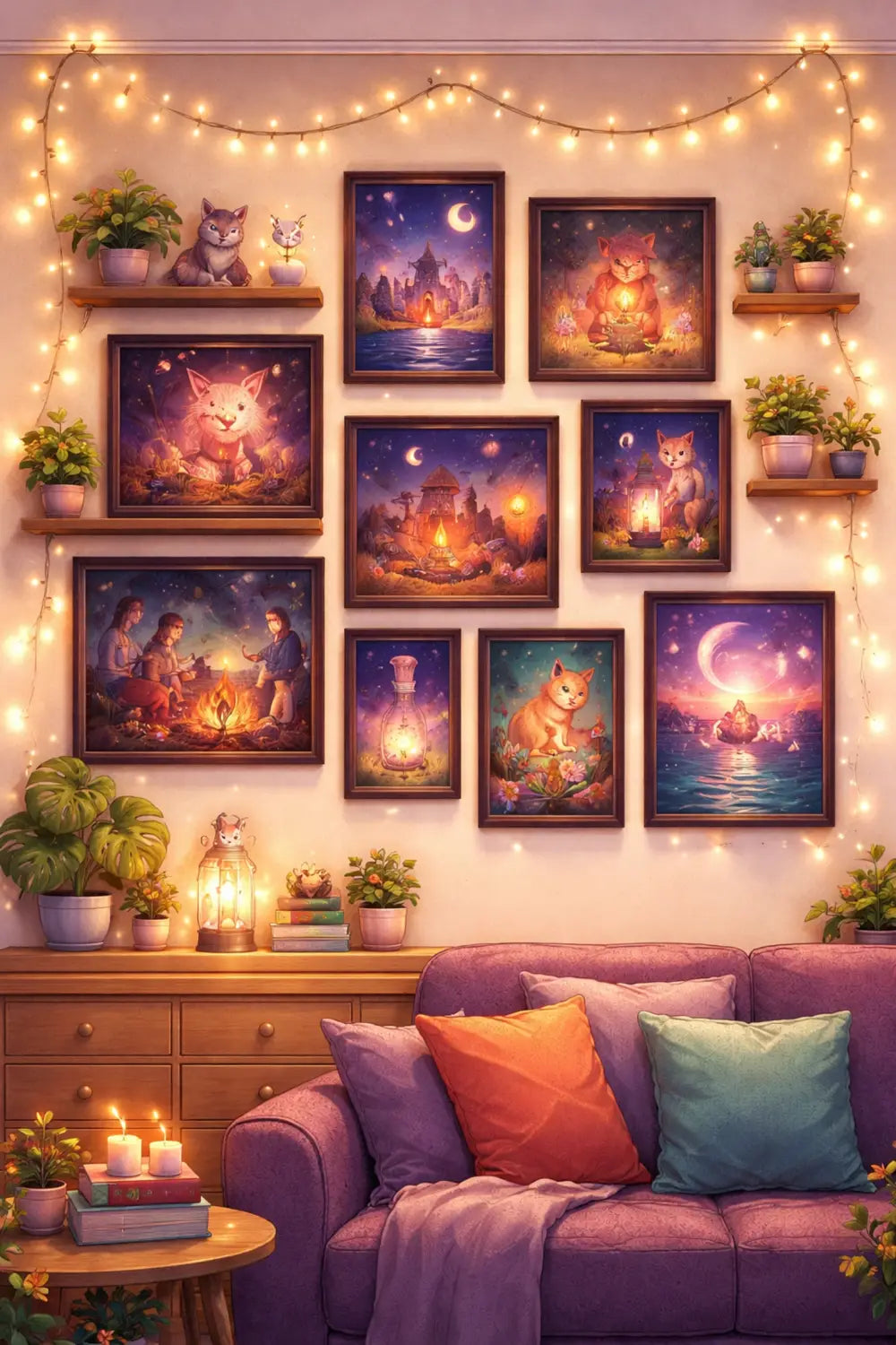 Gallery wall with framed Figment art, collectible figurines, and twinkling lights in a colorful living room.