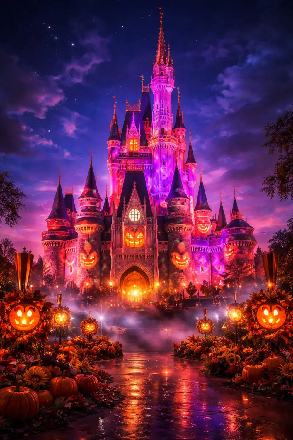 Magic Kingdom's Cinderella Castle glowing at night with Halloween decorations for Mickey's Not-So-Scary Halloween Party 2026