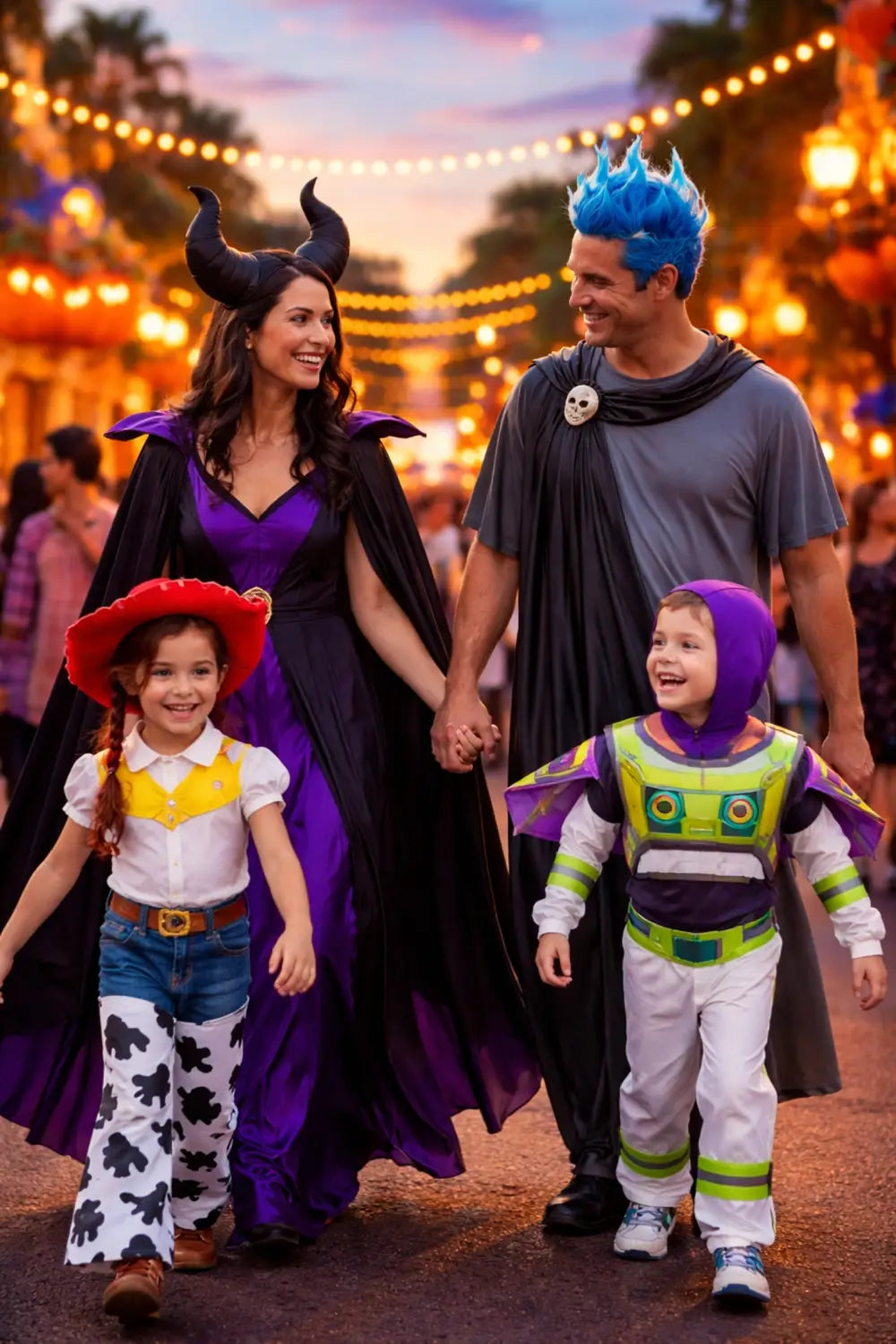 Family in lightweight Disney Halloween costumes enjoying Magic Kingdom at dusk during the Halloween Party