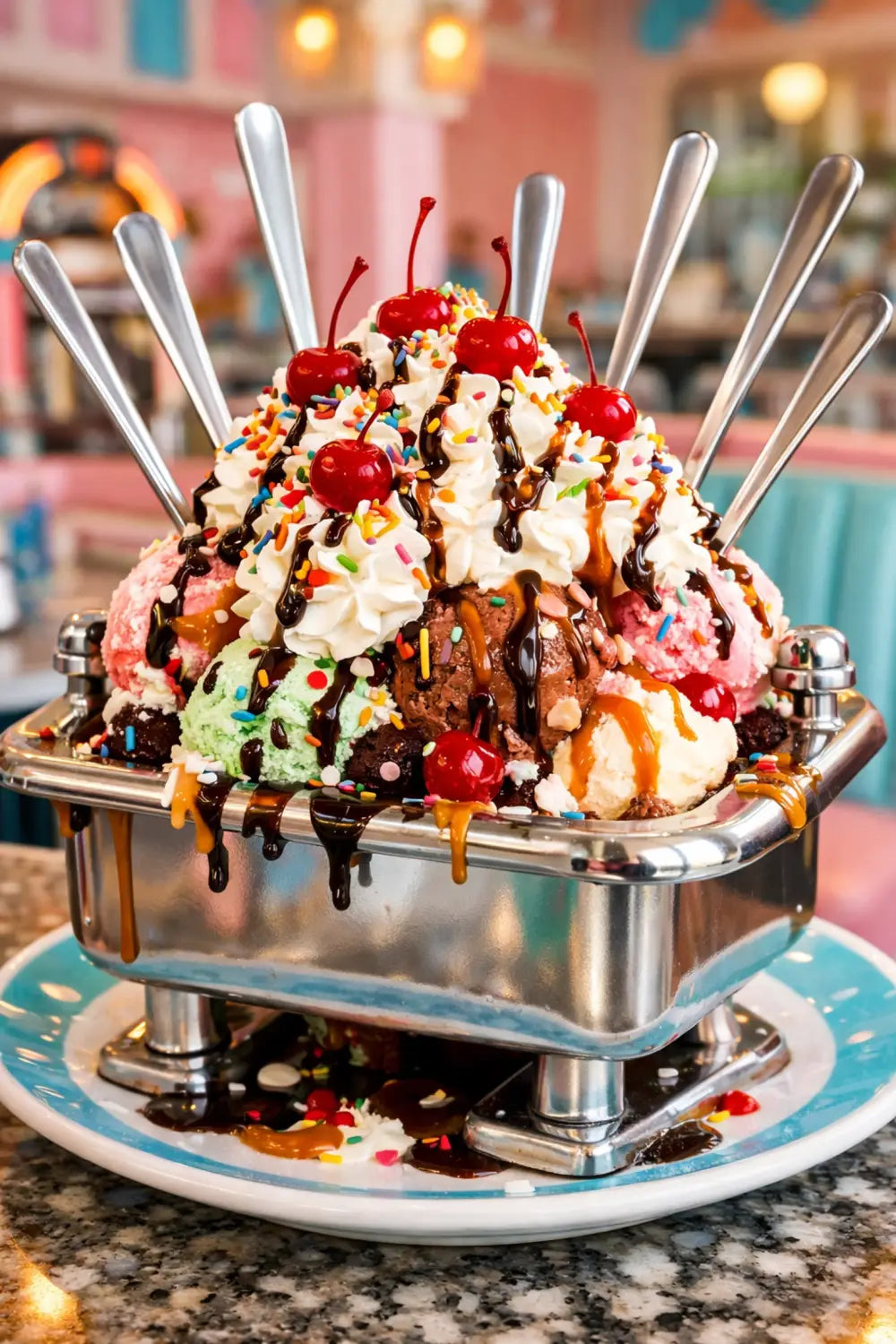 Kitchen Sink sundae at Beaches & Cream Soda Shop with eight ice cream scoops and toppings
