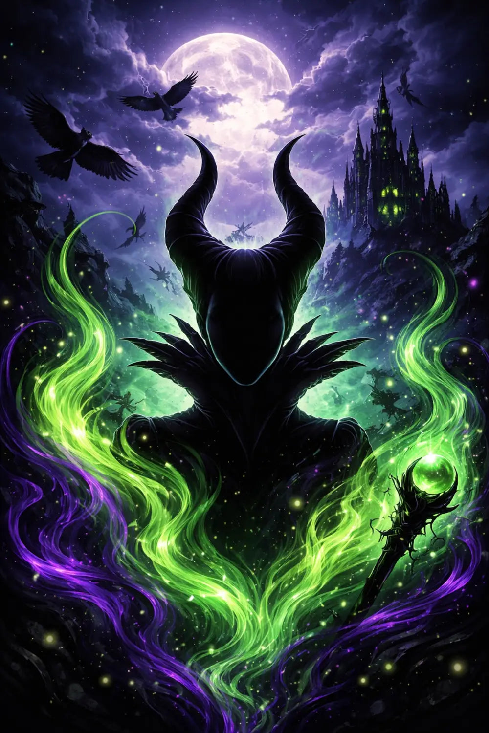 Maleficent surrounded by green and purple flames, perfect for Disney villain wallpaper inspiration in 2026.