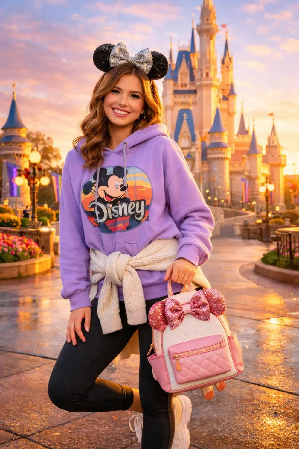 Woman wearing winter layered outfit at Disney World with Cinderella Castle in background