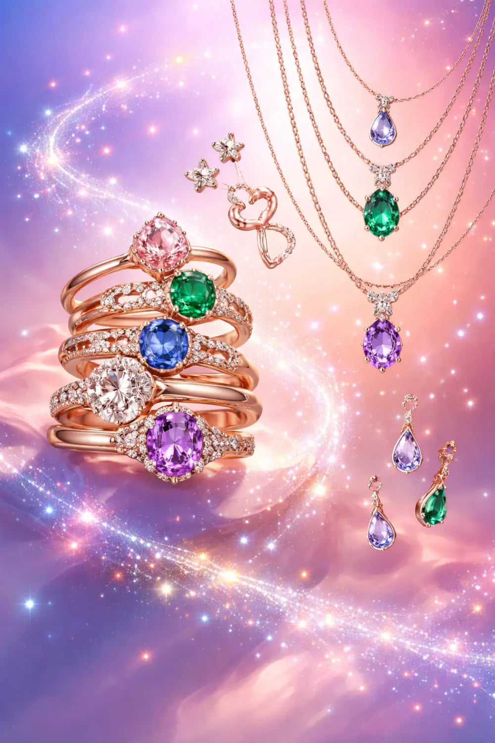 Display of Disney-themed rings, earrings, and layered necklaces in gold and silver, accented with magical sparkles and gems.