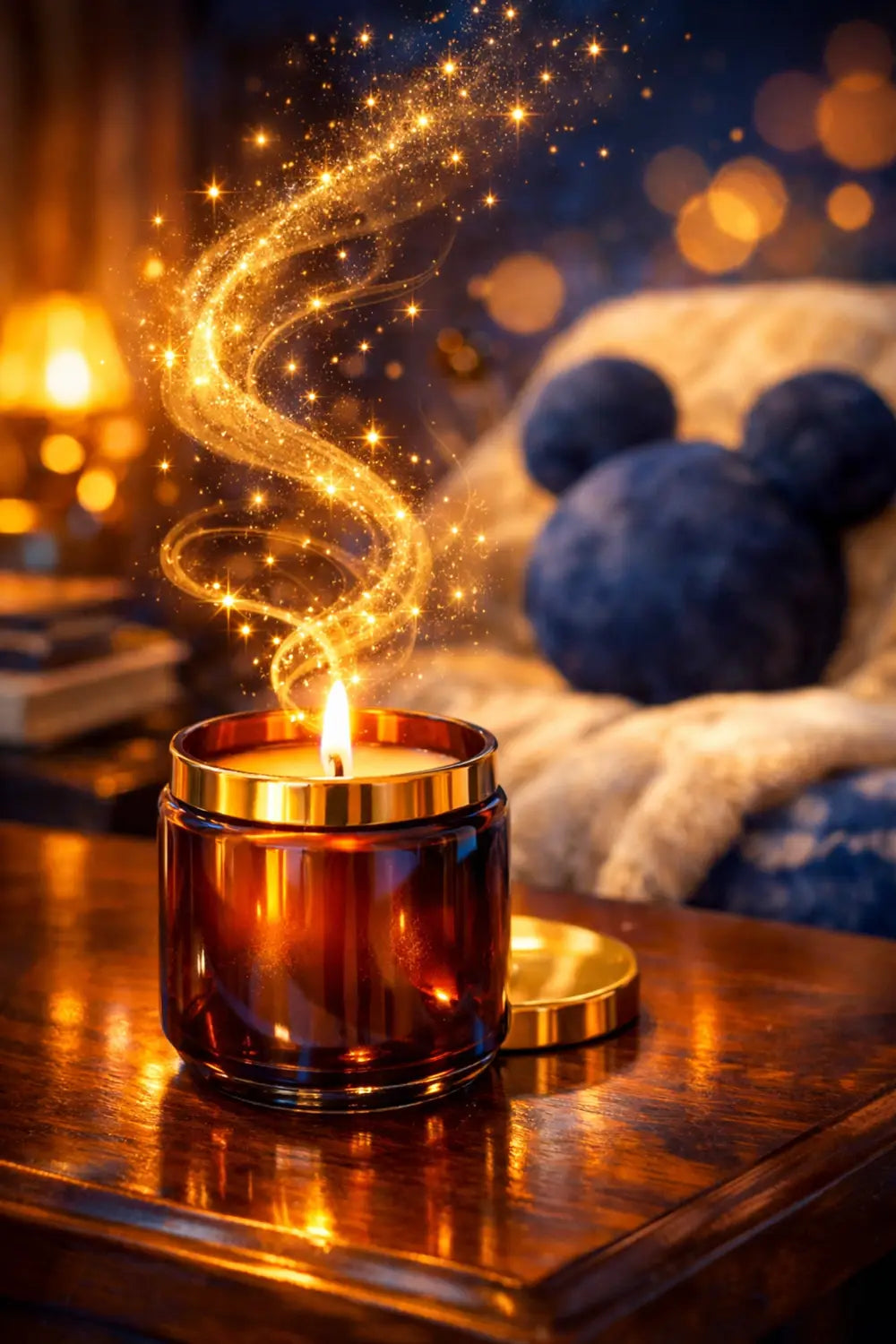 A luxury park-scented candle on a wooden table with a Mickey Mouse pillow in a cozy reading nook.