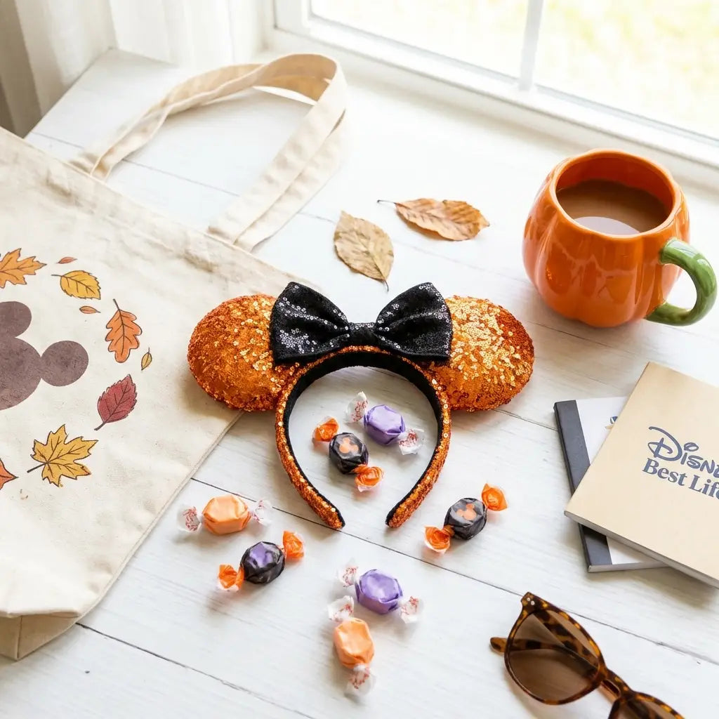 Disney Halloween accessories including orange Minnie ears, a pumpkin mug, and treats for a magical fall lifestyle.