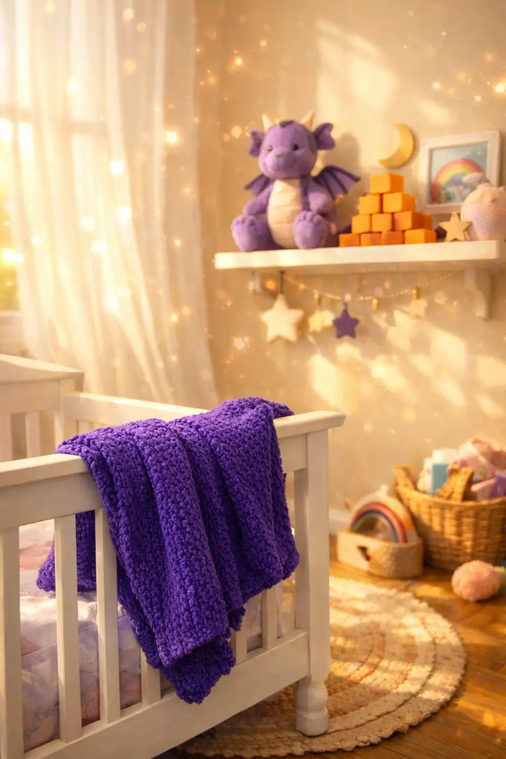 Disney nursery decor featuring a plush purple dragon and a cozy royal purple baby blanket.