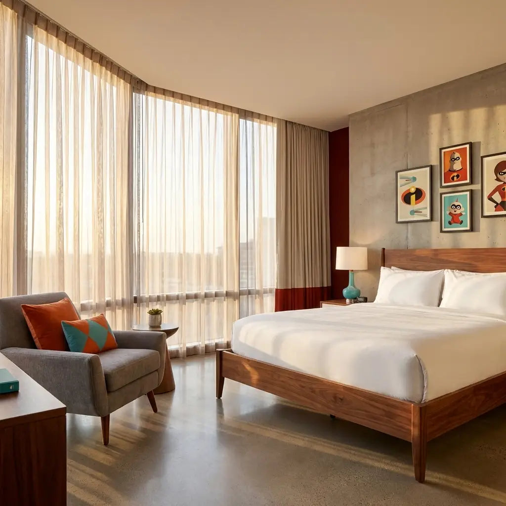 Disney's Contemporary Resort Incredibles-themed room with mid-century modern furniture and spacious layout