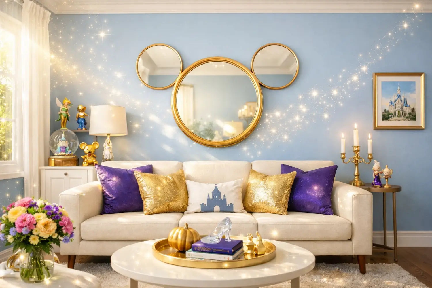 Modern minimalist Disney living room with powder blue walls and a Hidden Mickey mirror.
