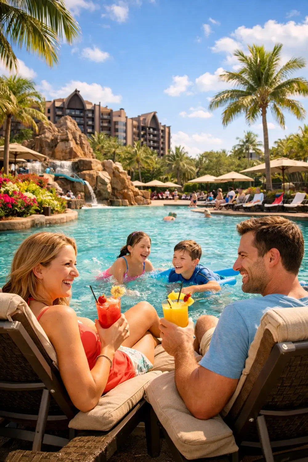 Family relaxing at Disney resort pool during spring break mid-day break