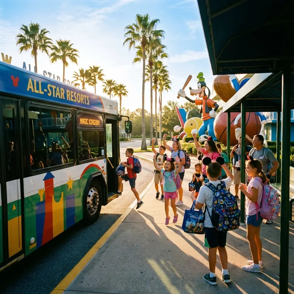Disney bus arriving at All-Star Resort stop with guests waiting for Magic Kingdom