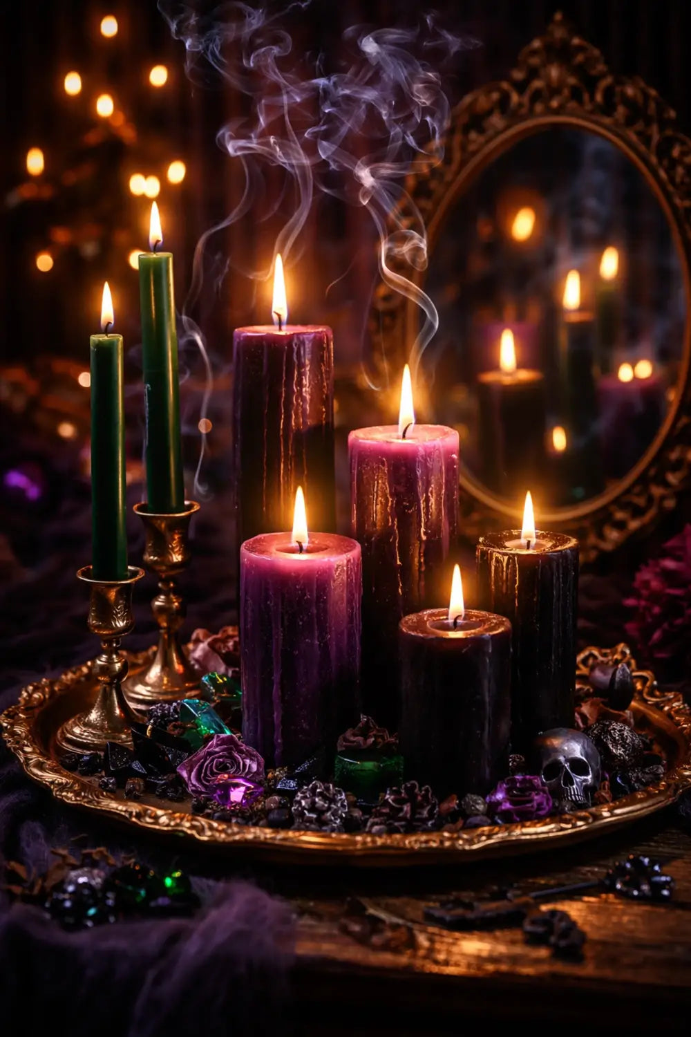 Elegant villain-themed candle display with purple and green candles, antique gold tray, and mystical ambiance