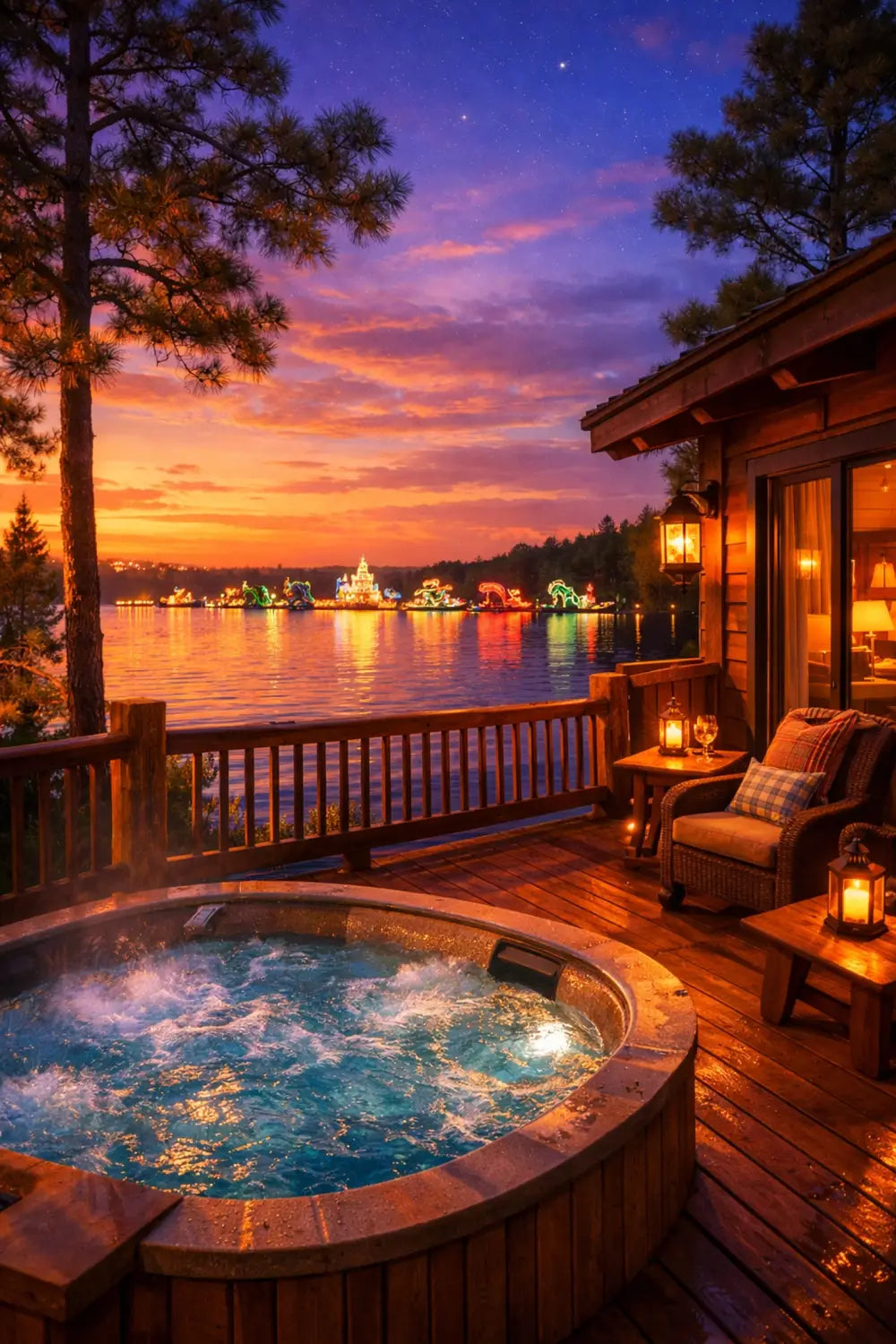 Copper Creek Villas waterfront cabin with private hot tub overlooking Bay Lake at sunset