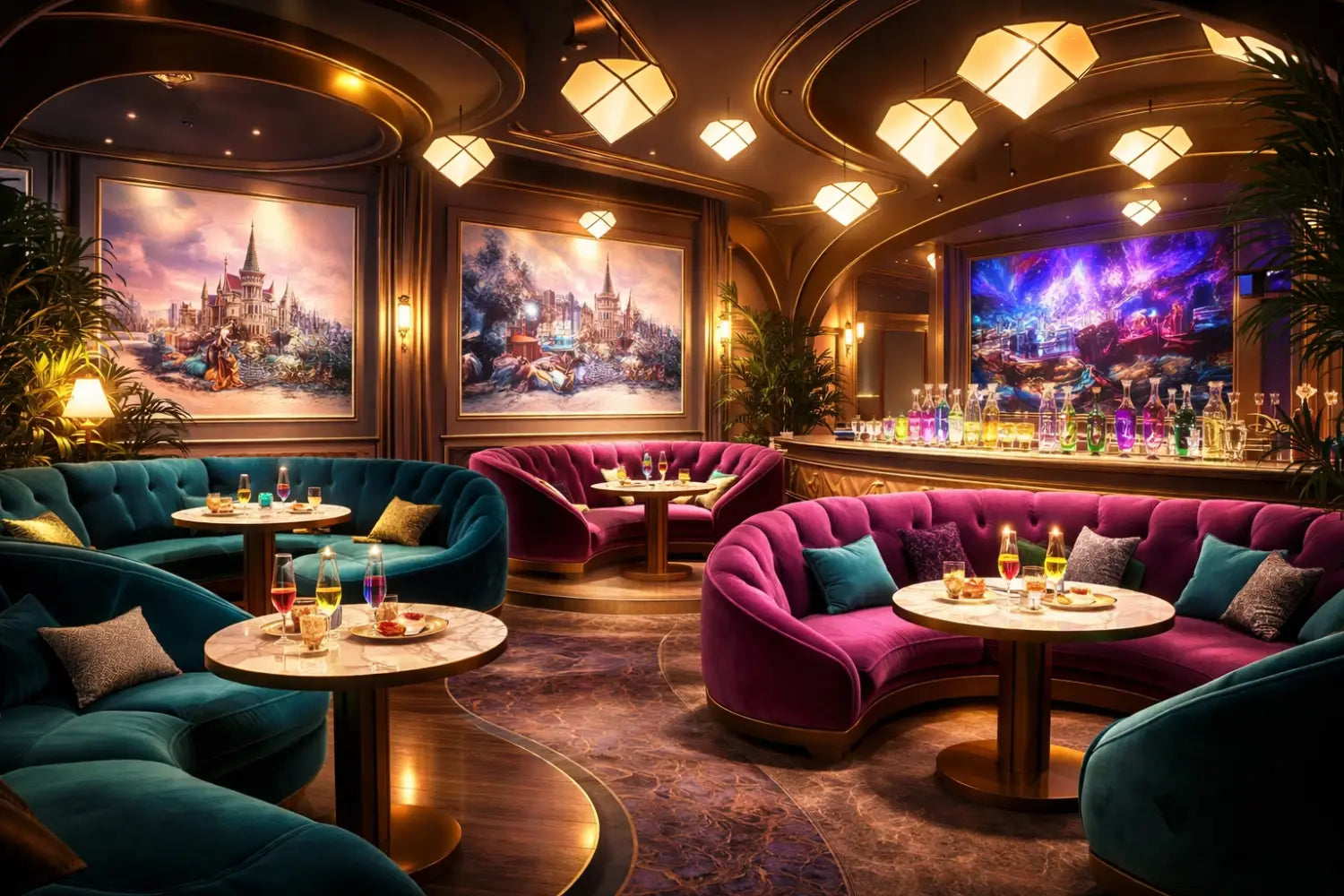Exclusive Disney Vacation Club lounge interior with stylish seating, whimsical lighting, and Imagineering-inspired decor at EPCOT.