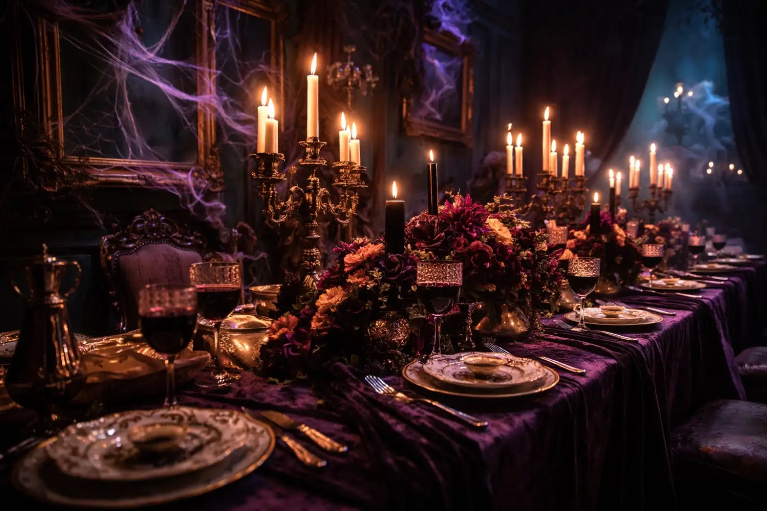 Haunted Mansion dinner party table with gothic decor, vintage china, and eerie candlelit ambiance