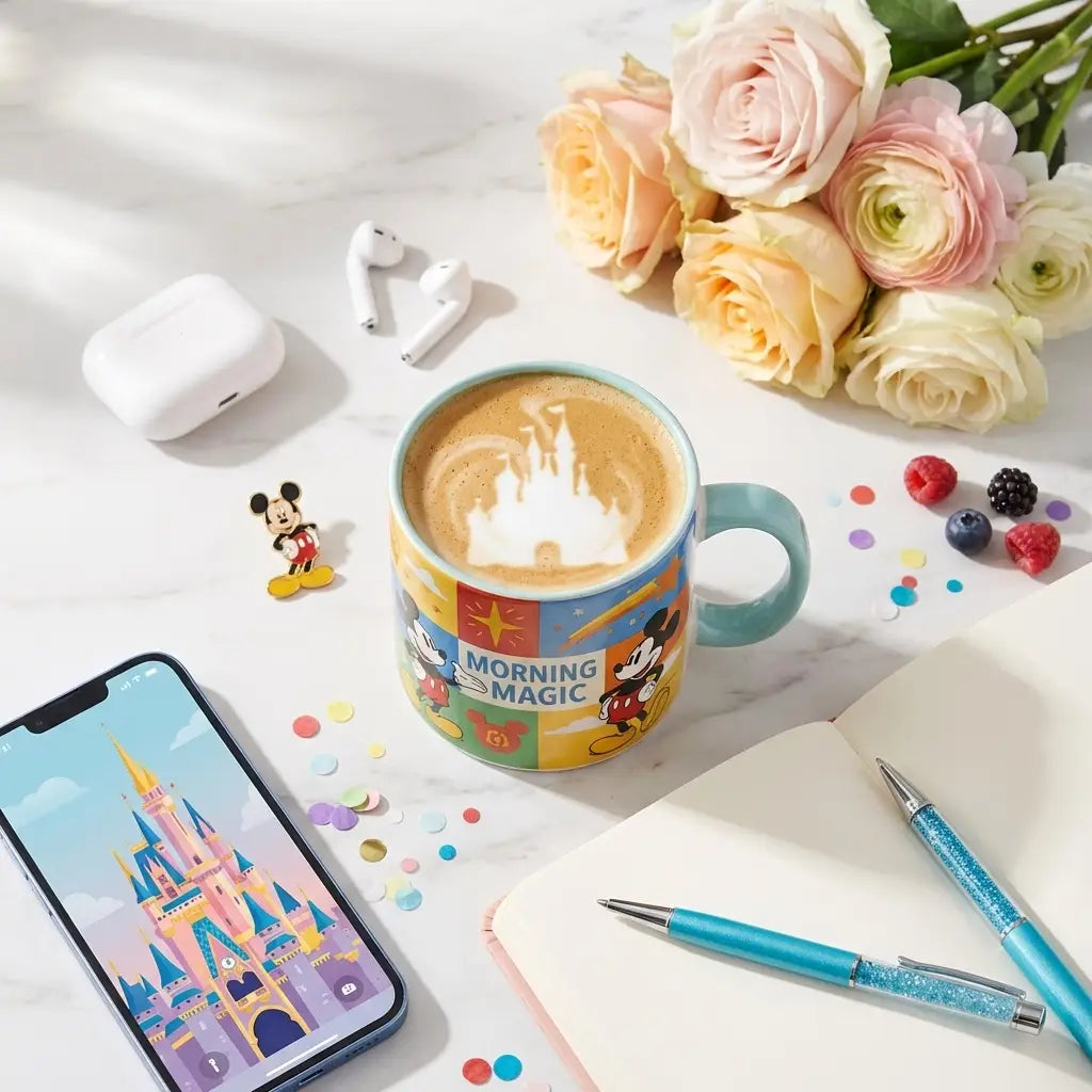 Disney-themed morning coffee setup with mug, phone, and magical accessories