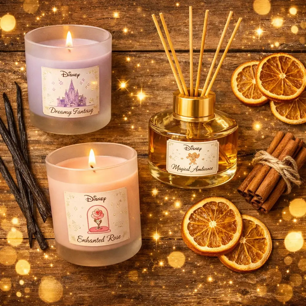 Disney-themed candles and diffusers with vanilla and cinnamon to recreate park scents at home