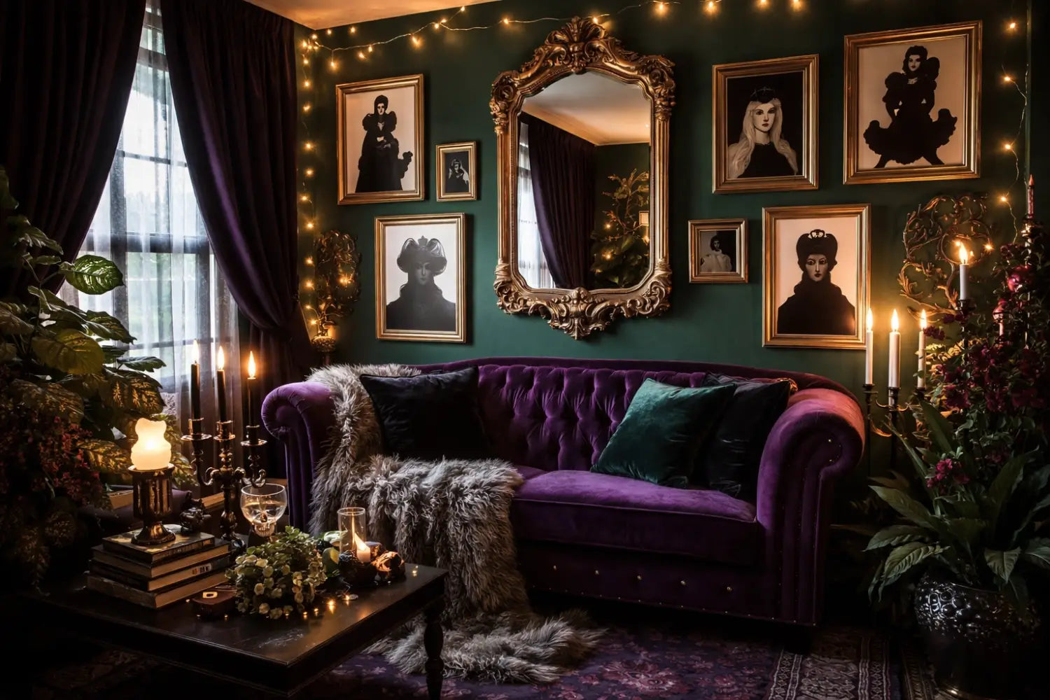 Stylish Disney villain corner with purple velvet sofa, gold-framed villain art, vintage mirror, and magical lighting