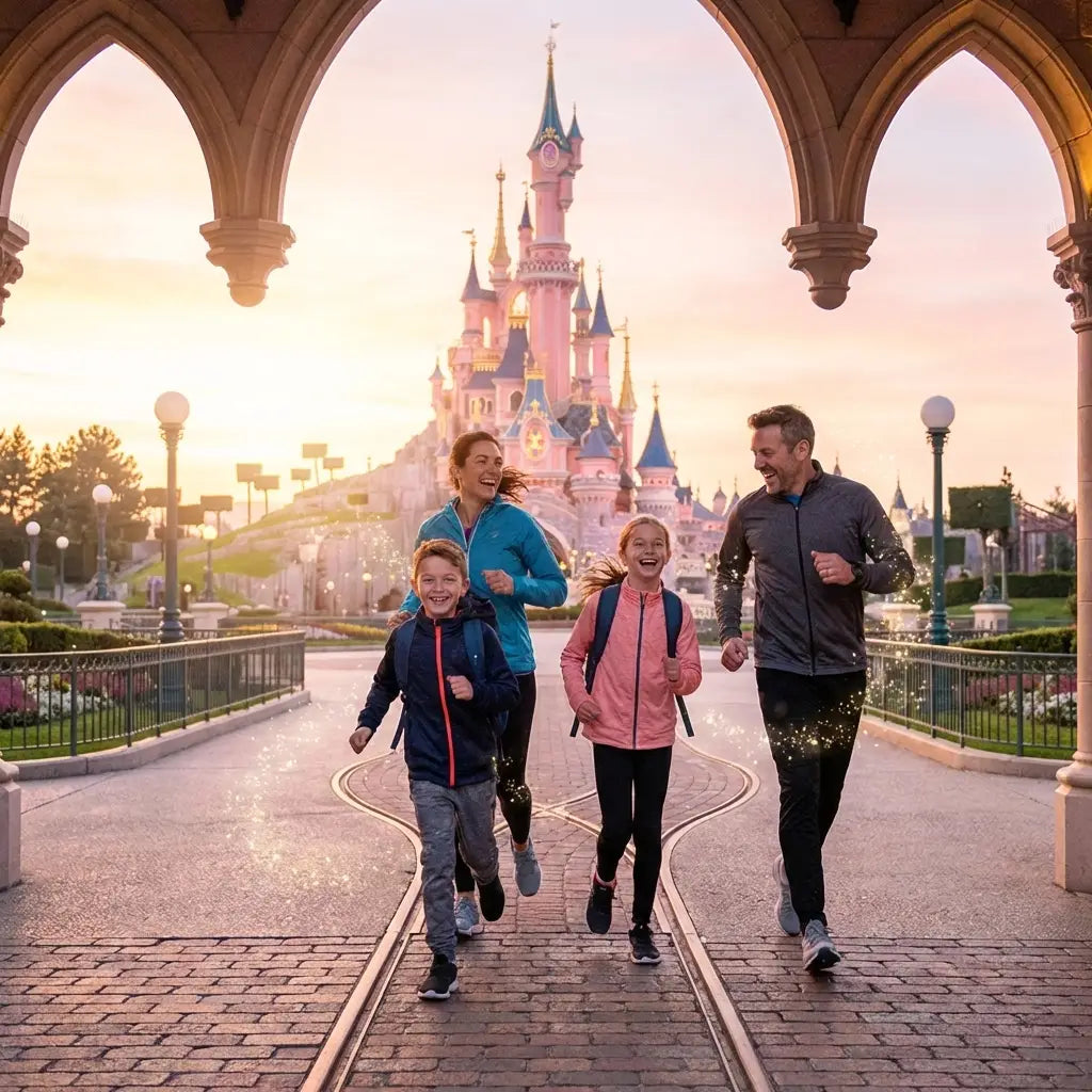 Happy family entering a Disney park at sunrise with castle background, showcasing early entry and crowd-beating strategies.
