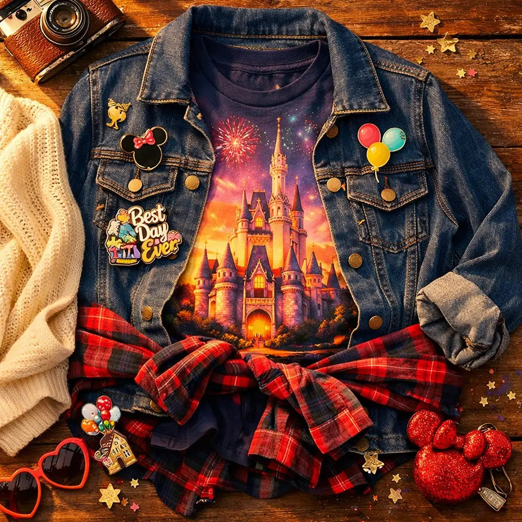 Layered Disney outfit styling with denim jacket, flannel shirt and castle graphic tee