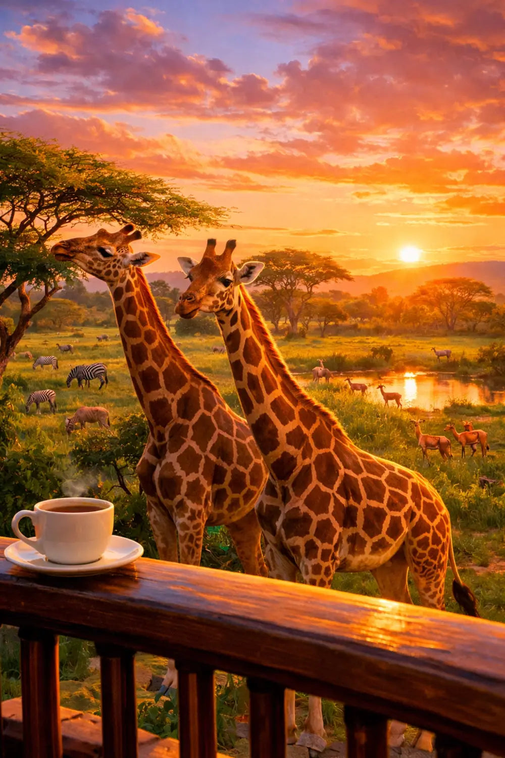 Giraffes grazing outside savanna-view balcony at Disney's Animal Kingdom Lodge