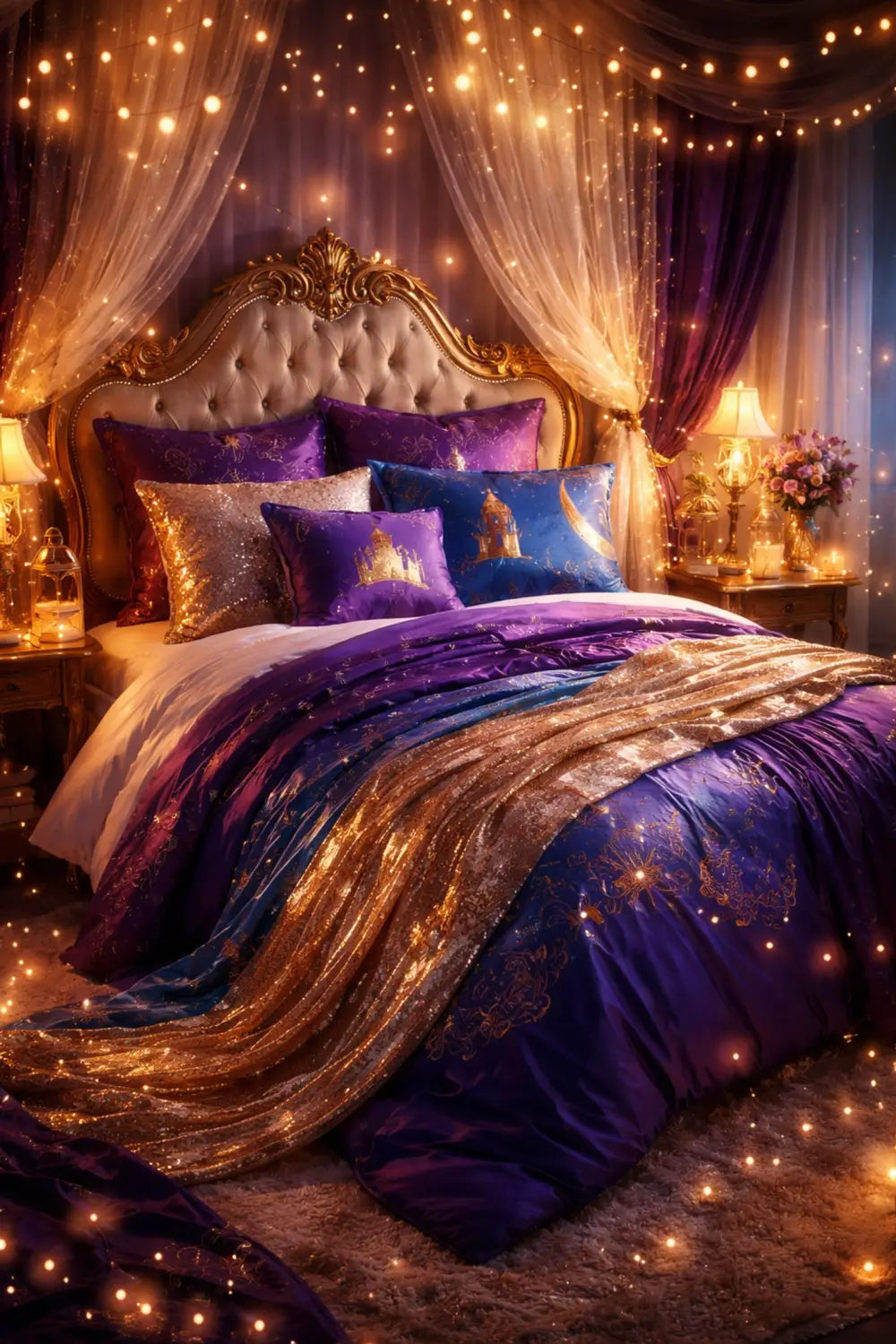 Disney-inspired bedroom featuring plush bedding, dreamy lighting, and fairytale retreat decor ideas