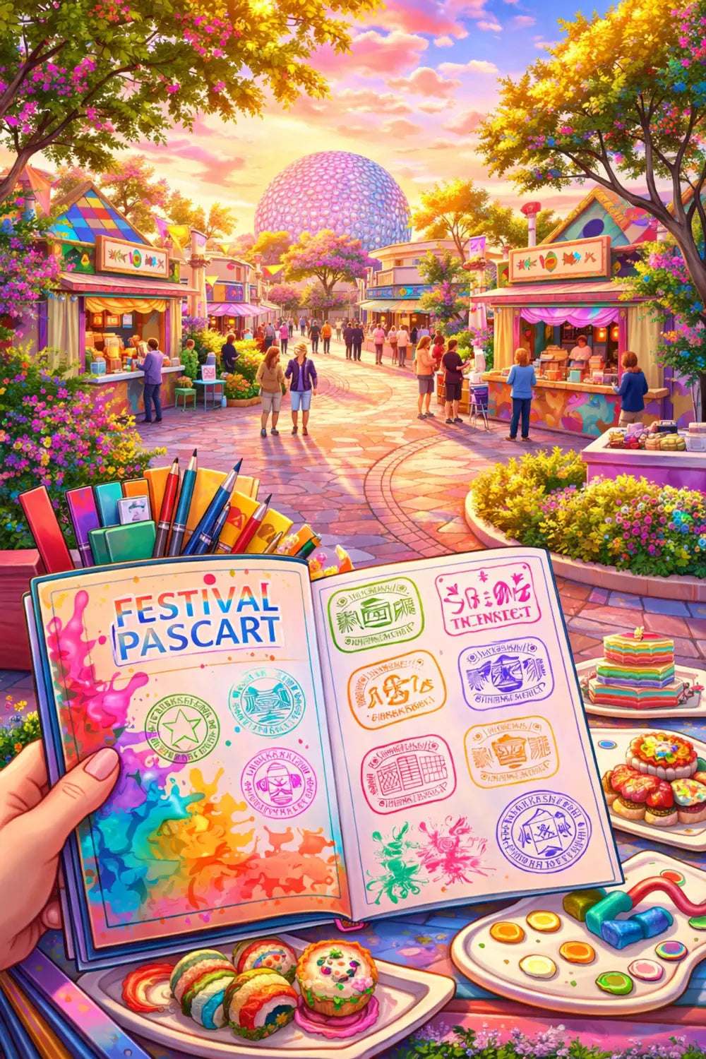 EPCOT World Showcase Festival of the Arts scene with colorful food booths, passport stamps, and festival treats